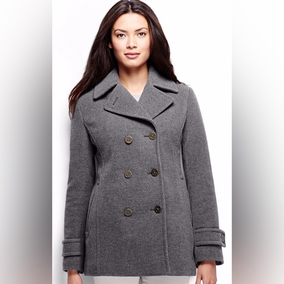 LANDS END Heather Gray Wool Blend Double Breasted Mid Length Peacoat Size 14 - Picture 1 of 11